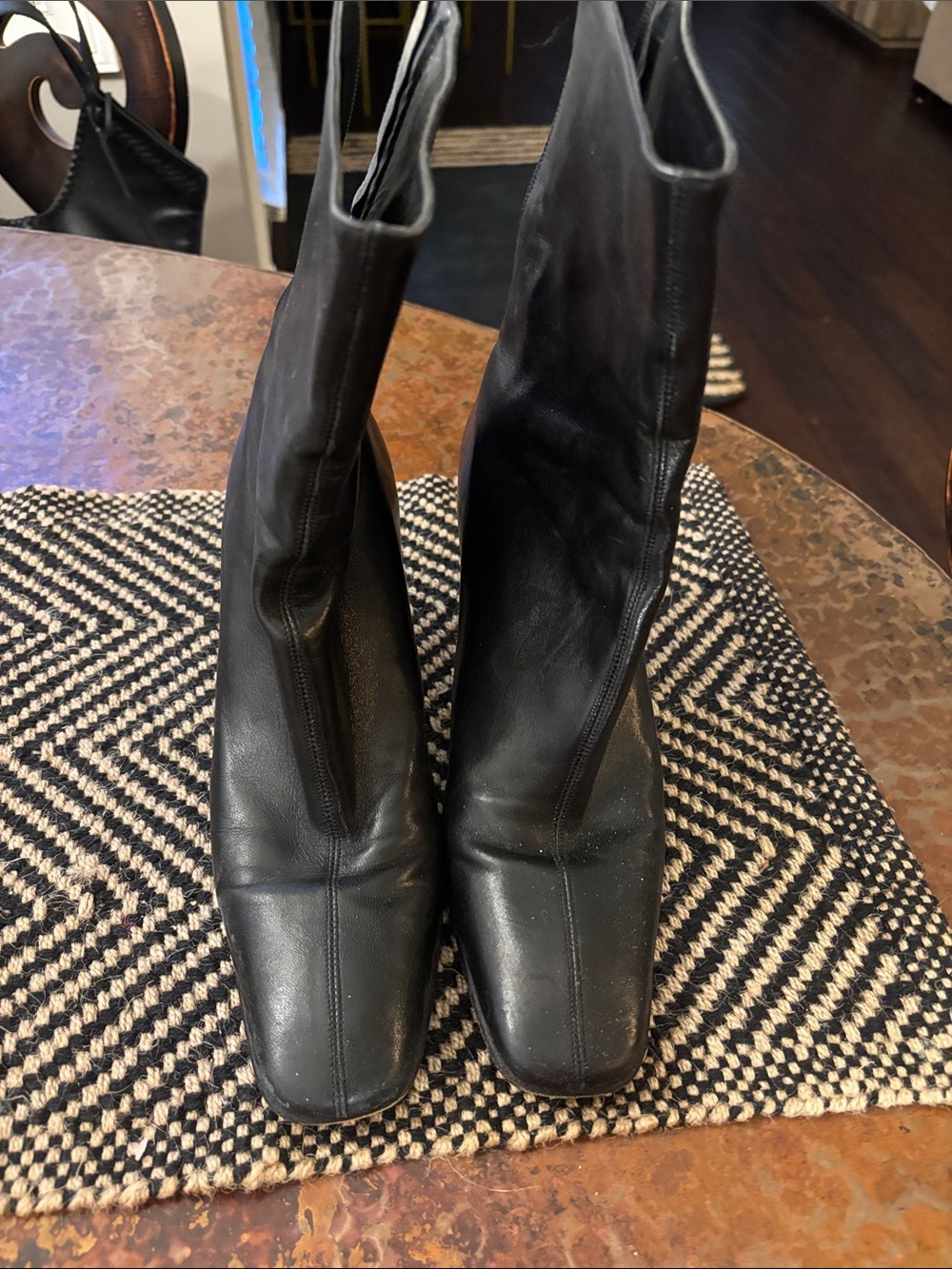 Anne Klein Black Leather Square-Toe Ankle Boots